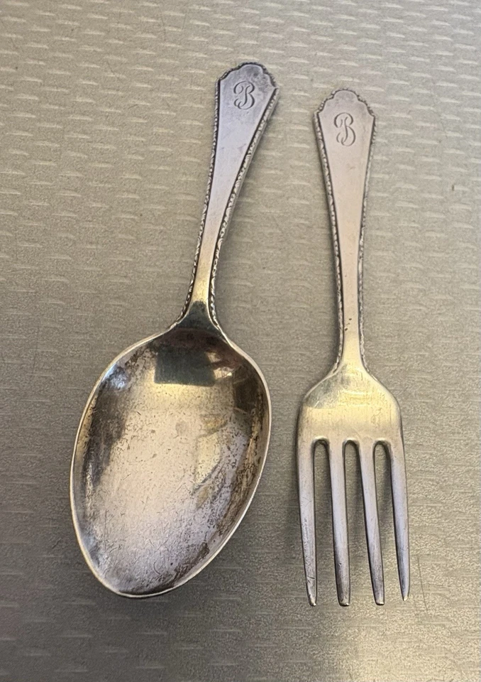 Lunt Sterling Silver William & Mary Baby Toddler Set 2p Spoon Fork 4” monogram B - Image 4 of 4