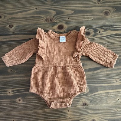 Shabby Chic Baby Brown Gauze Ruffle Long Sleeve Bodysuit 3 6 Months