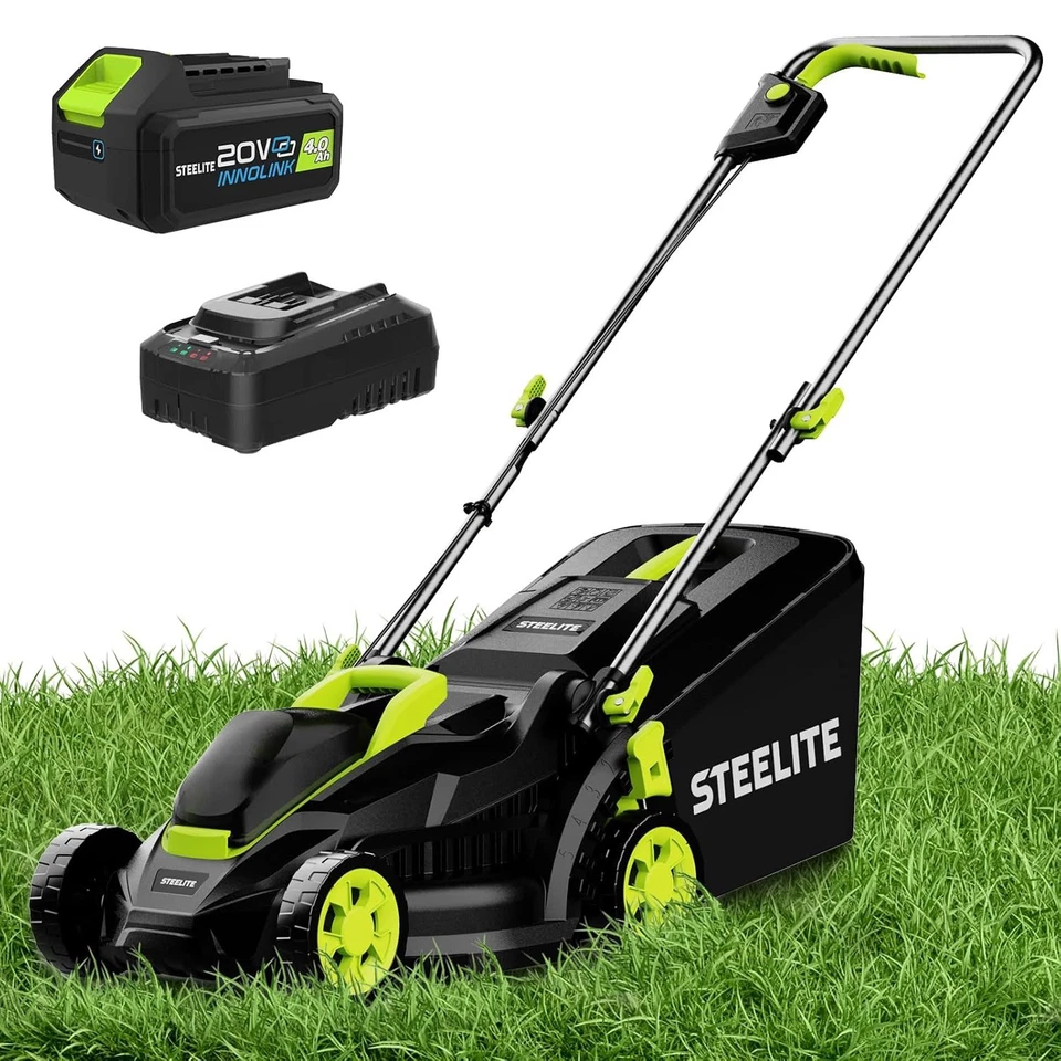 Steelite 13in Electric Cordless Lawn Mower with Brushless Motor & 4.0Ah Battery