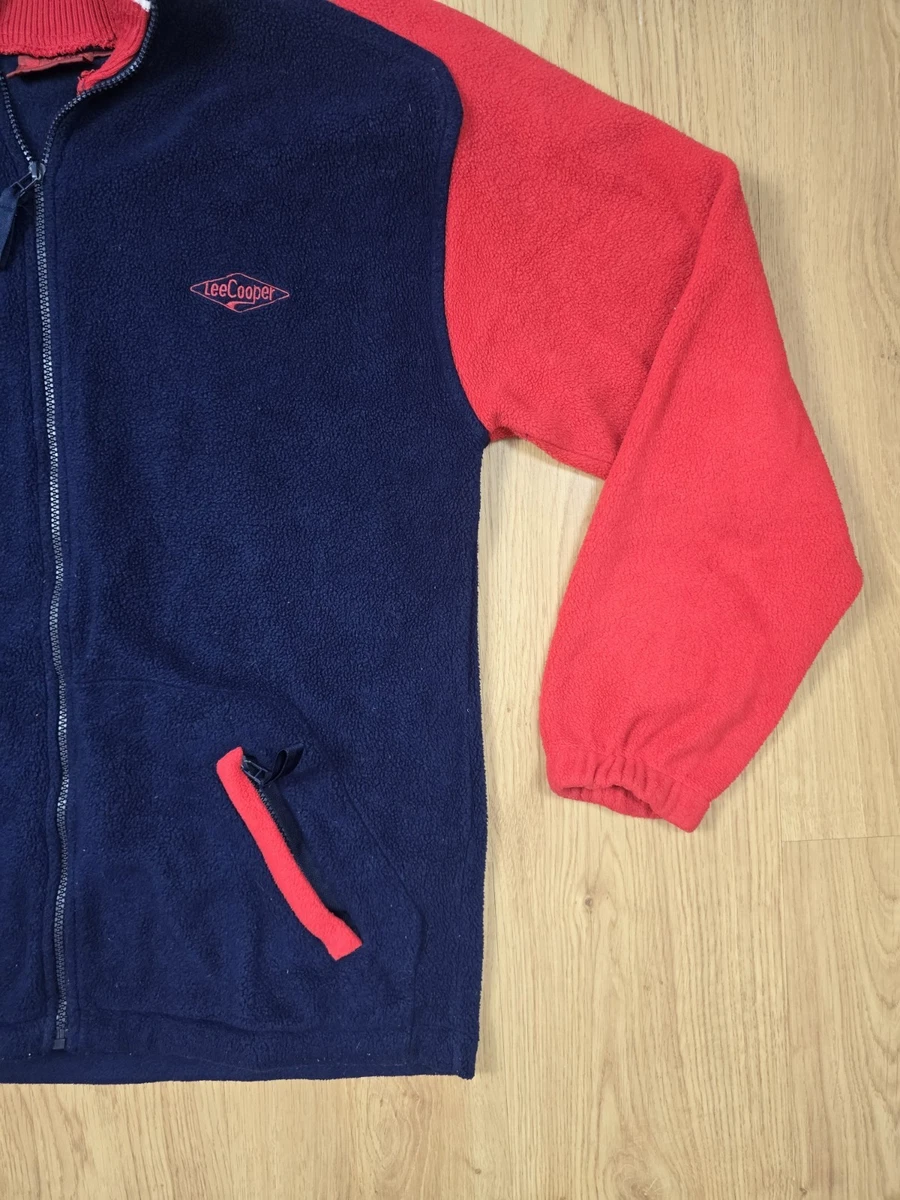 Chaqueta polar Lee Cooper vintage para hombre mediana roja azul bloque de color cremallera completa Y2K