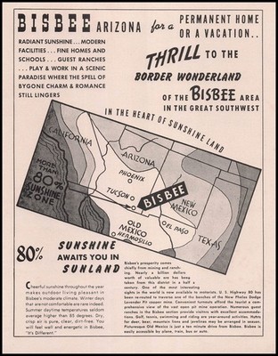 1956 Bisbee Arizona Map Border Wonderland Sunshine Awaits You Vintage Print Ad