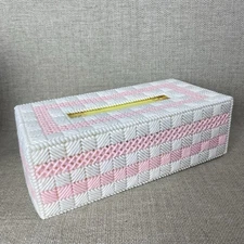 Handmade Plastic Canvas Crochet Rectangular Tissue Box Cover Pink White w/Tissue