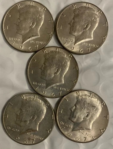 LOT Of FIVE (5) 1967 40% SILVER KENNEDY HALF DOLLARS (vf-au)