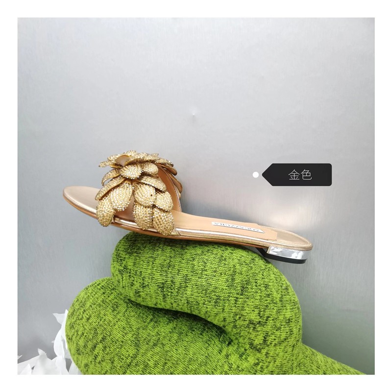 PANTOFOLA D’ORO Aquazzura sandali strass vera pelle fiore montone oro ciabatte