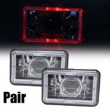 Pair Headlamps 4x6 Inch LED Red Halo Clear Lens Diamond Cut Projector Headlights
