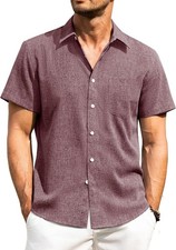 Men's Linen Shirt Short Sleeve Button Down Wrinkle Free Casual Summer Beach Top