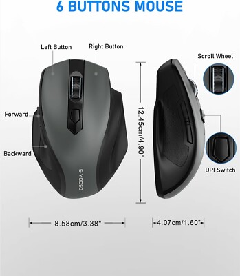 Wireless Mouse, 2.4G 6 Button Large Ergonomic Optical Mouse for