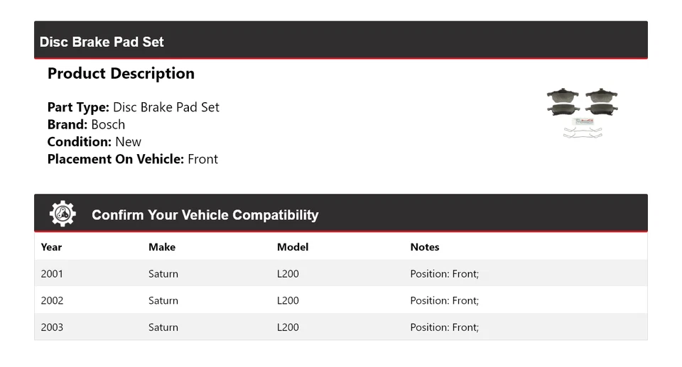 Полуметаллические тормозные колодки с передним жестким диском 2002 для Saturn L200 Bosch 2001-2003 годов выпуска - Изображение 2 из 4