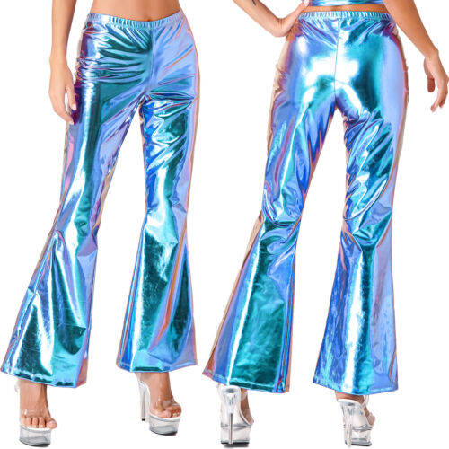FEESHOW Womens Metallic Shiny Bell Bottom 70s Disco Pants Glossy Sparkly AU - Picture 30 of 41