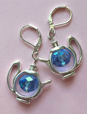 TEA POT BLUE CRYSTAL earring SP LEVER BACK handcrafted FRM