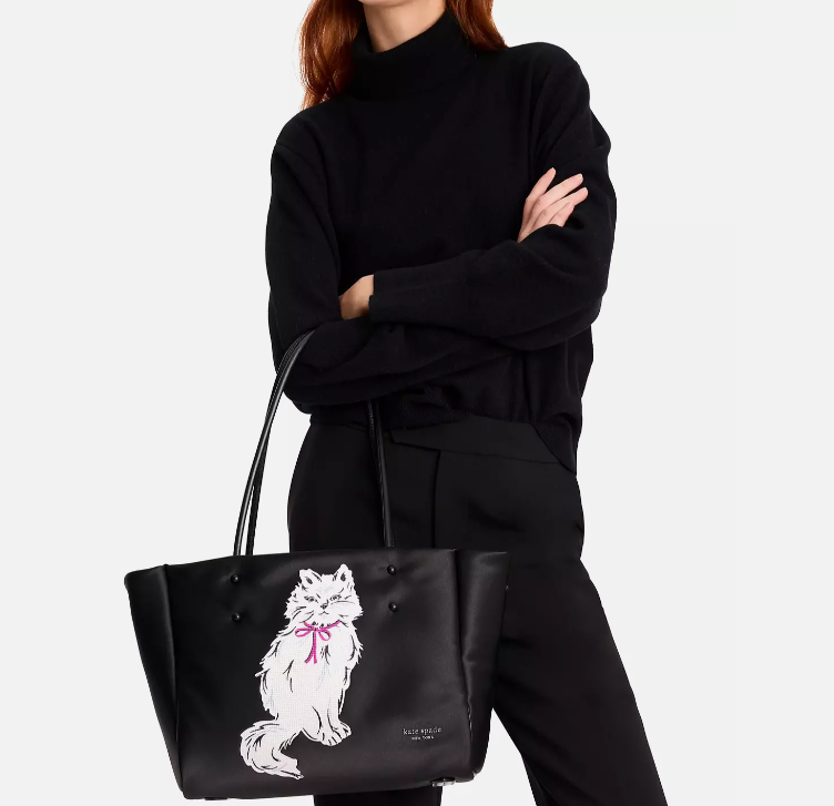 (残りわずか)kate spade new york Whiskers トートバッグ Kate Spade Whiskers Crystal Embellished White Cat Large