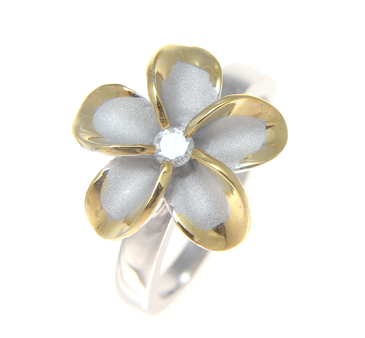 Diamond Solitaire Hawaiian Plumeria Flower Ring – 10k Yellow Gold, Open Design