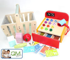 HOLZ Kinder Kasse Lebensmittel Einkaufskorb Kaufladen Zubehör Set Spiel Laden