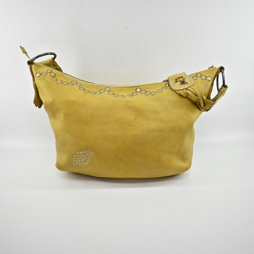 BETSEY JOHNSON Western Hobo Shoulder Bag Yellow Floral Leather Studded Fringe - Picture 2 of 16