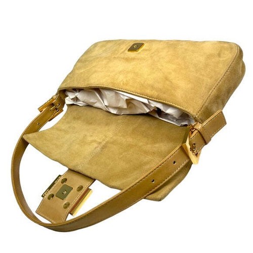 Fendi FF Glitter Tan Leather Gold Flap Bag Logo Suede Baguette Shoulder Purse - Picture 16 of 16