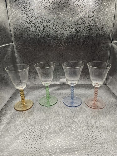 Four Multi-Color Beaded Stem Mid-Century Liquor glasses