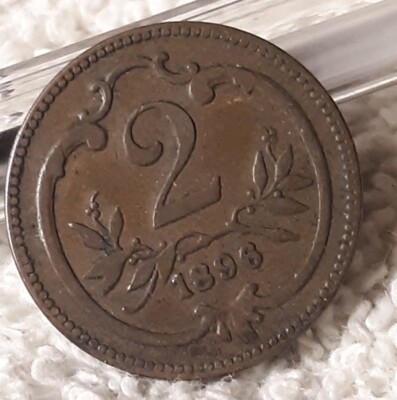 1896 Austrian 2 Heller Coin ,KM2801 ~ Austria WW1 Heavily Circulated Bronze Coin
