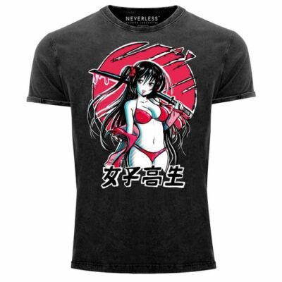 Herren Vintage Shirt Anime Japan Asien Schriftzeichen Samurai Schwert