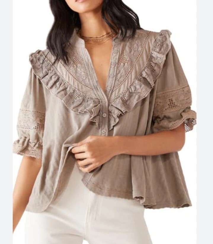 Free People Walk In The Park Top Gray Cotton Ruffled Lace Cottage Size Small