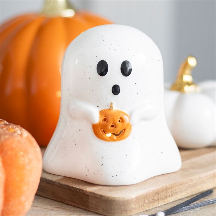 Ghost Shaped Tealight Candle Holder with Pumpkin | Seasonal Halloween Decoration