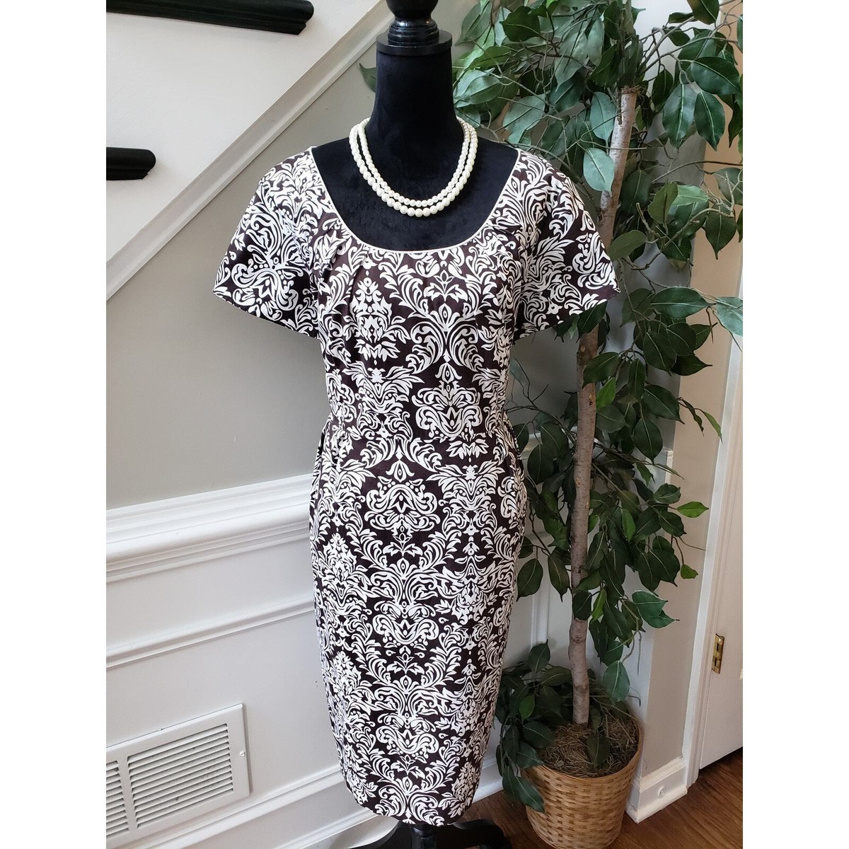 Formal Dresses Medallion Talbots Dress Shop Cato Sheath Dress Womens 18W  White Floral Pleated Knee Length