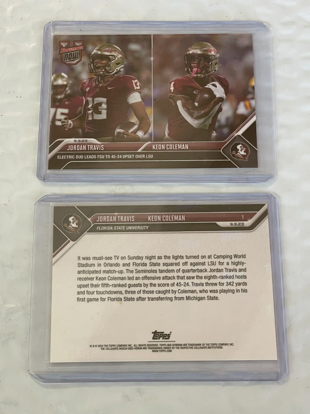 2023 Topps Now NCAA Bowman U #1 Seminoles FSU Jordan TRAVIS Keon COLEMAN Card RC