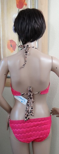 CALIFORNIA WAVES pink crochet style w animal print detail halter top & bottom,L - Picture 4 of 4