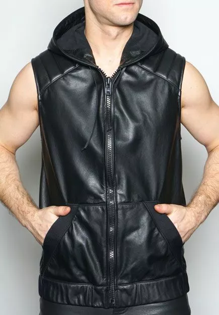Leather vest and hoodie sales