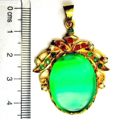 VINTAGE ST. SIL GOLD PLATED PENDANT, WITH GREEN ONYX, RUBY & EMERALDS