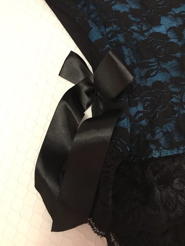 Pure Beauty Rene Rofe Bustier Top Sz Small Coquette Black Floral Lace Blue Bows - Picture 6 of 19