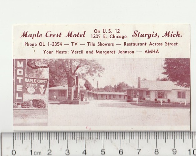 Vtg 1962 Maple Crest Motel Sturgis Michigan Business Card 32 Units