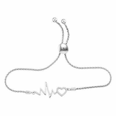 Sterlingsilber Damen rund Diamant Herz Herzschlag Bolo Armband 1/8 cttw