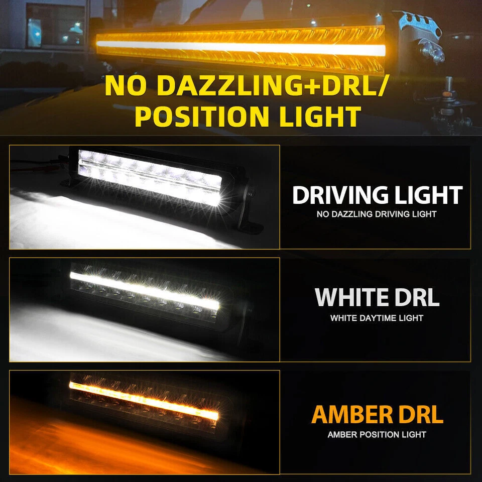 12 22 32 42 52inch Amber/White DRL LED Light Bar Combo Offroad Driving Truck SUV - Image 3 of 4