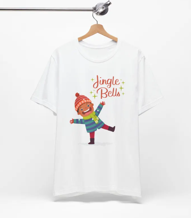 T-Shirt Unisex Short Sleeve T-shirt with Jingle Bells and Child at play.