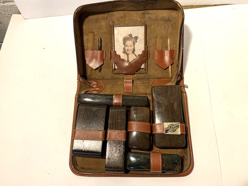 Vintage Mens Travel Grooming Kit Split Cowhide ZIPPERED Case