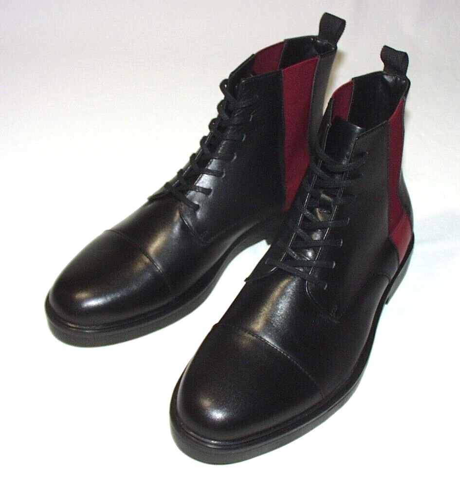 Calvin Klein Dameon Laceup Boot, Leather Upper, Black w/Red Trim, 9,  New
