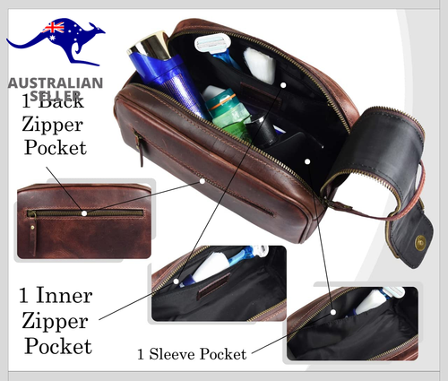 Leather Toiletry Bag for Men Buffalo Leather Unisex Make-Up Bag Travel Dopp Kit - Picture 5 of 12