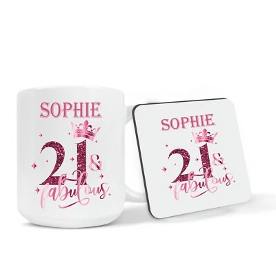 CLARELY'S PRINTING Personalised 21st Birthday Gift 21st Pink Mug, Coaster or Mug & Coaster Gift Set