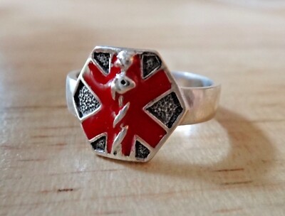 size 6 Sterling Silver Red Enamel Medical ID Alert 12mm top tapers to 4mm Ring