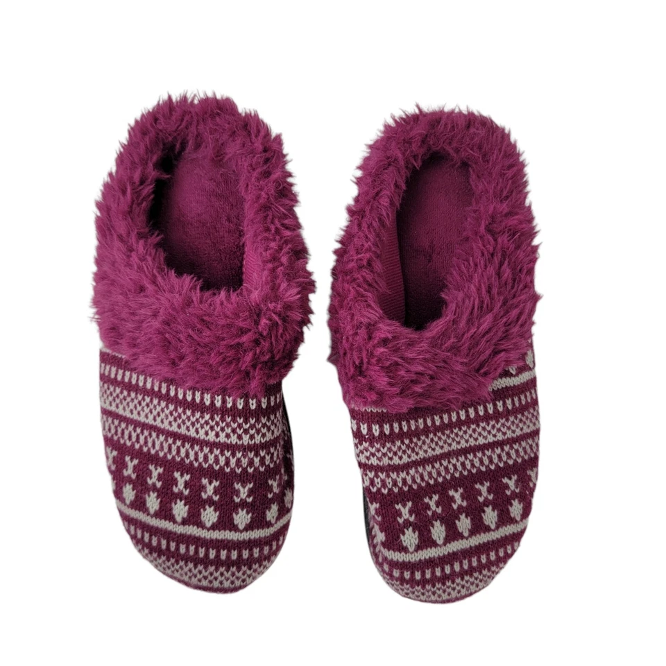 Zapatillas Isotoner para mujer tejidas Fair Isle talla 7,5-8 ribete de piel sintética de mula borgoña Foto 2 de 4