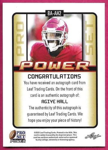 2021 Leaf Pro Set Power Football AGIYE HALL Rookie ARC Autograph 26/50 - Bild 2 von 2