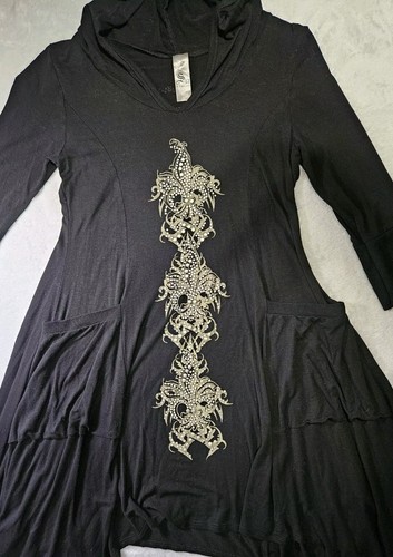 S-Twelve Vintage Gothic 90s Y2K Black Dress Sz S Rhinestones Grunge Emo Hooded - Picture 7 of 12