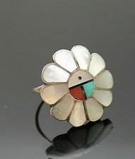 HANDCRAFTED VINTAGE WHITE MOTHER OF PEARL TURQUOISE CORAL STERLING SILVER RING 6