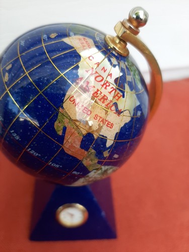 Lapis And Gemstone World Globe with Clock 7" Desktop - Picture 2 of 10
