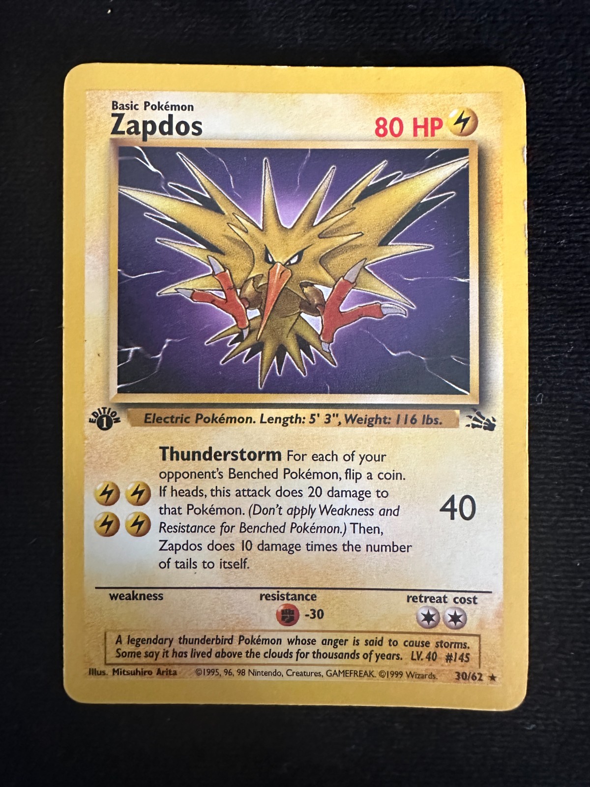Zapdos 30/62 Fossil Regular 1st Edition Pokemon Card EX