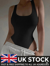 Women’s Sexy Ribbed Knit Bodysuit Bodycon Sleeveless Halter Neck Vest Top UK