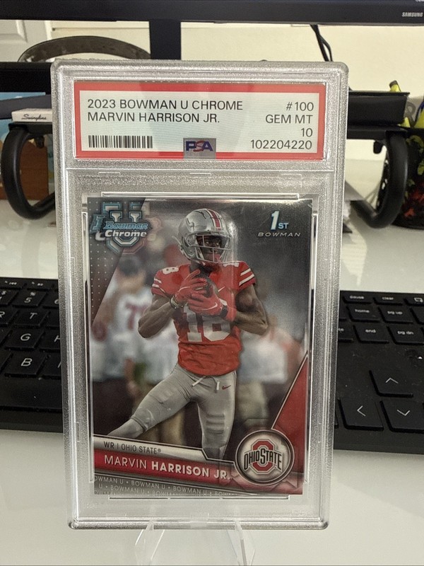 Bowman 2023 University Chrome Marvin Harrison Jr. RC Base #100 PSA 10 Ohio State