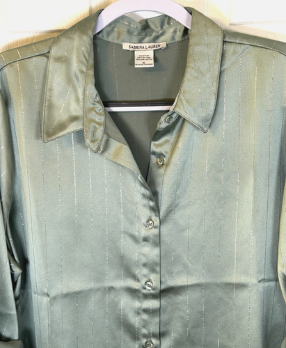 Sabrina Lauren Blouse Sz XL Sage Green Metallic Satin Roll Tab Sleeve Top NWOT - Picture 2 of 7