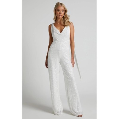 NWT Showpo Malisha White Sequin Cowl Backless Jumpsuit US 6 Bridal Bachelorette