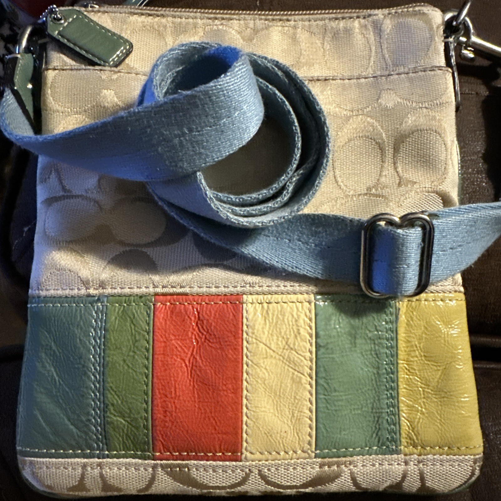 Coach Beige Blue Jacquard Hamptons Weekend Multicolor Signature  FabricCrossbody